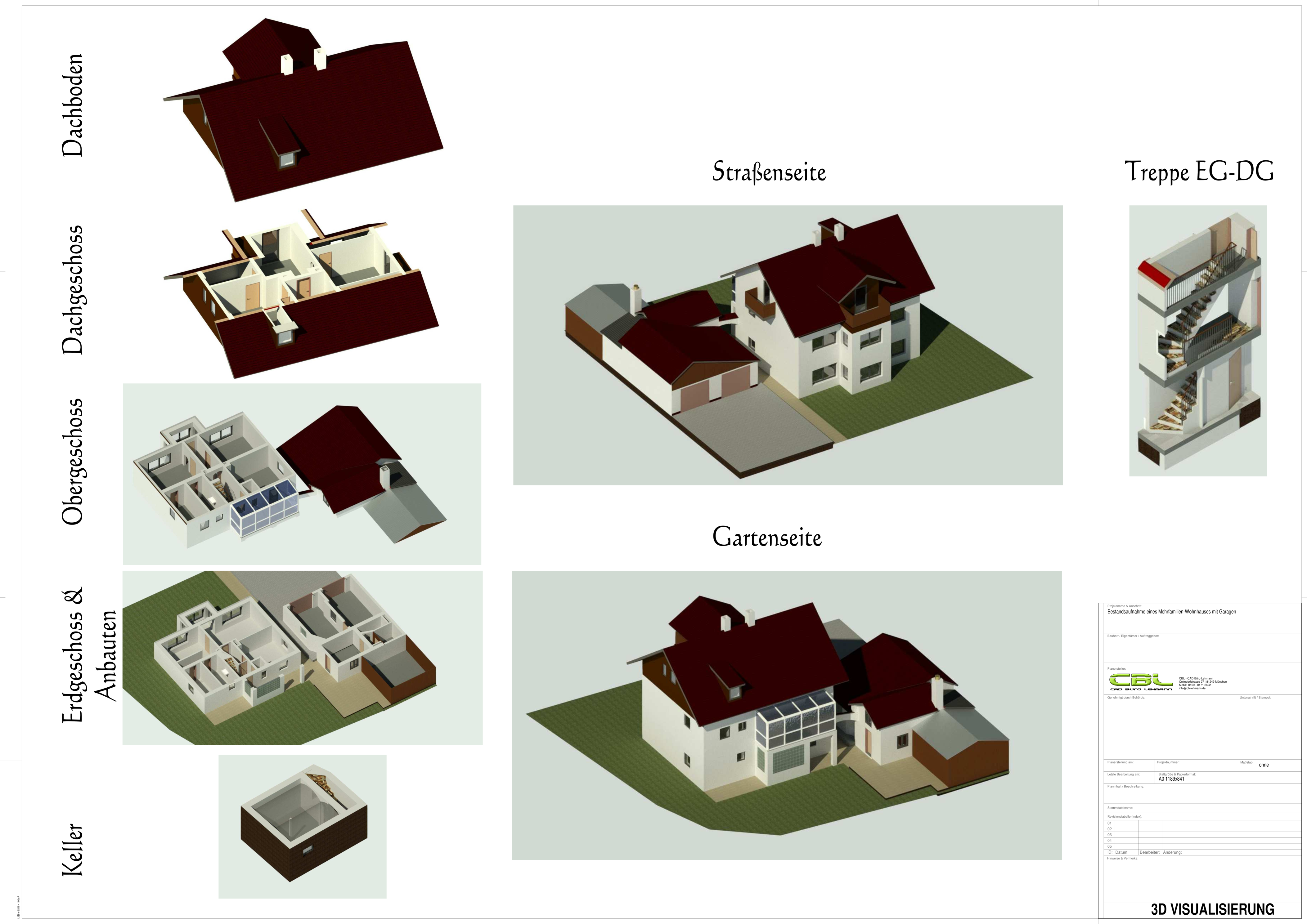 Im CAD visualisiertes Detailrendering in 3D einer Bestandsaufname eines Mehrfamilienhauses 