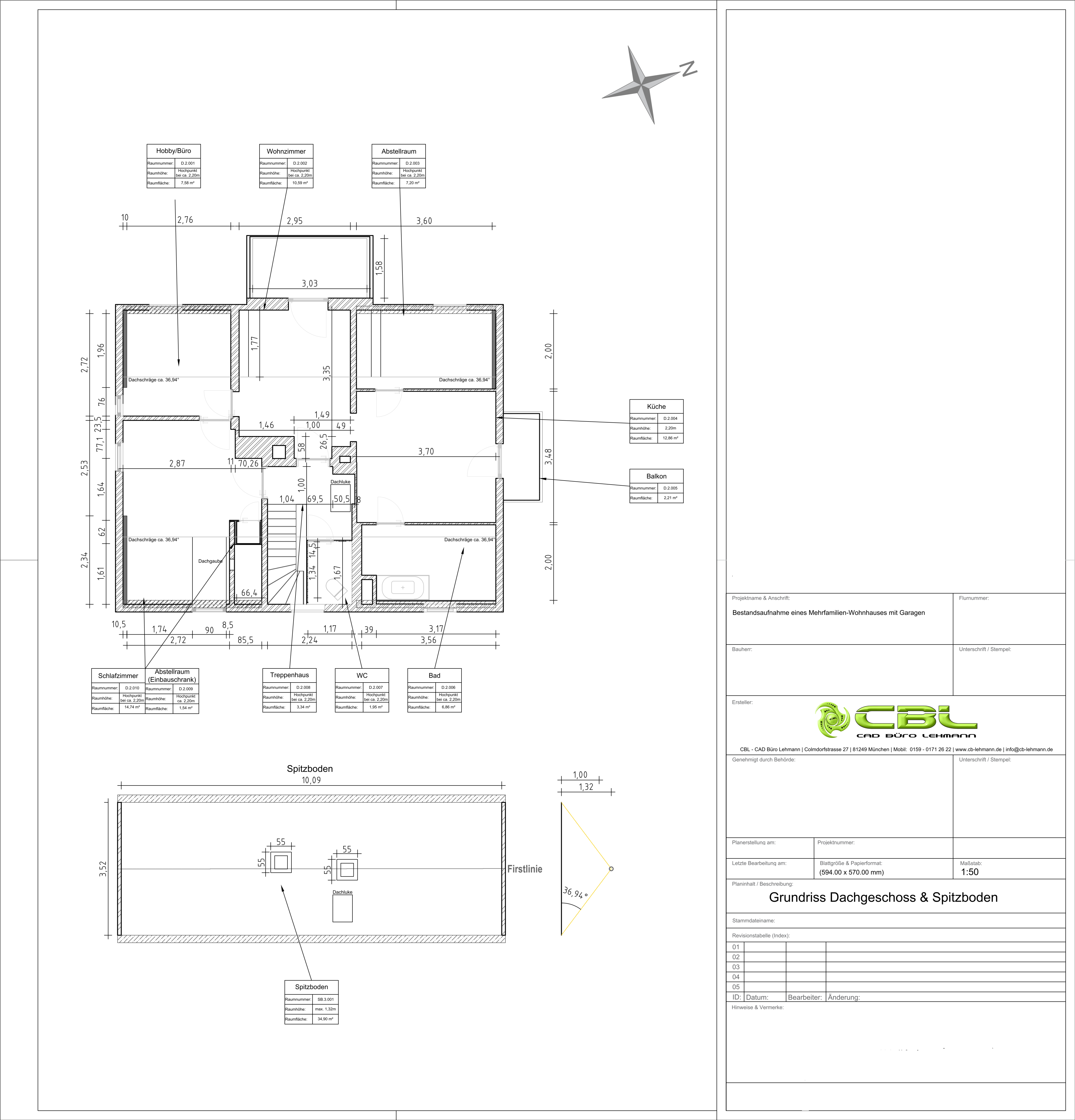 Grundrissdarstellung Dachgeschoss und Spitzboden einer Bestandsaufnahme im CAD