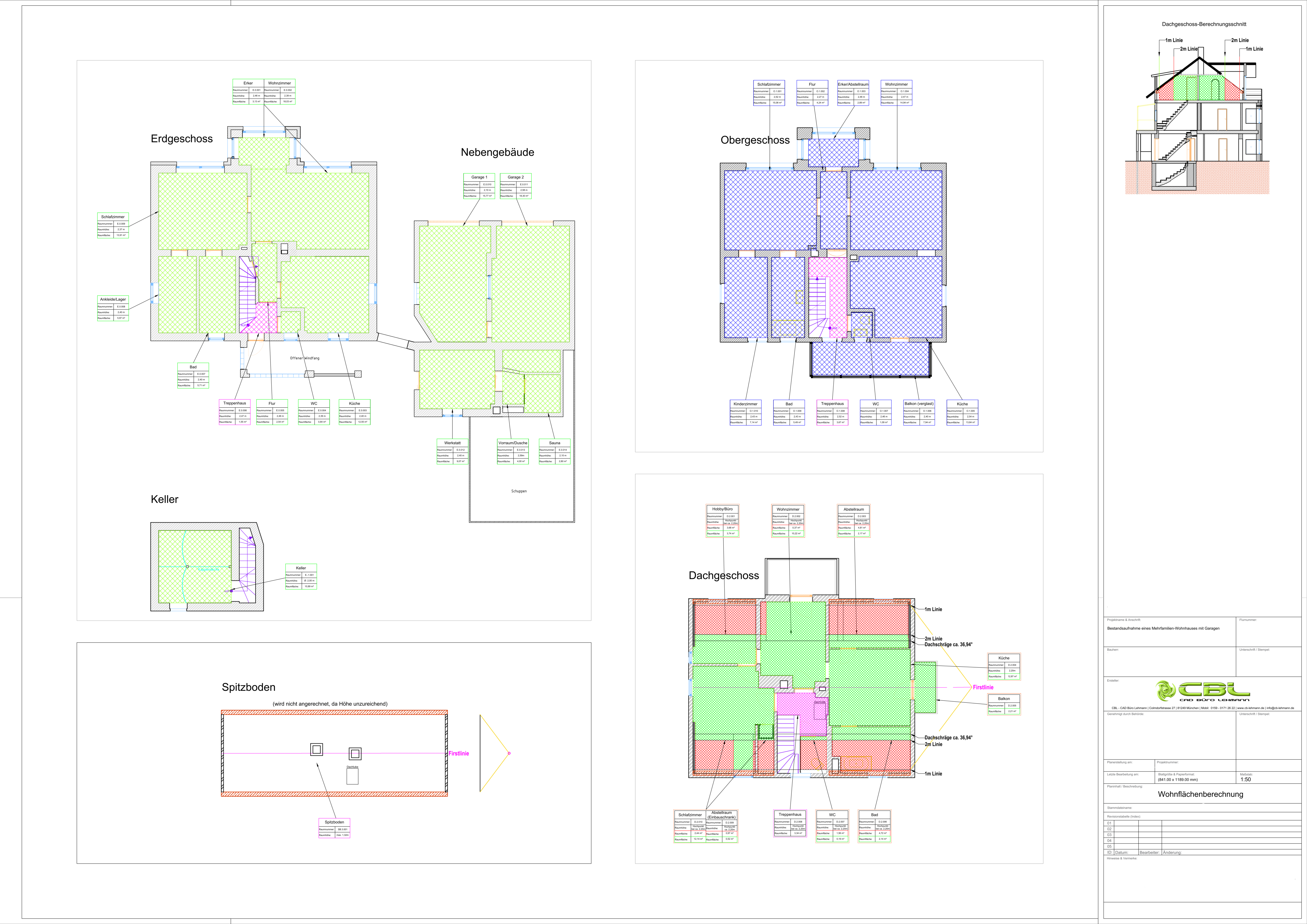 Darstellung eines Mehrfamilienhauses einer Bestandsaufnahme mit allen Grundrissen und einer Wohnflächenberechnung nach WoFlV