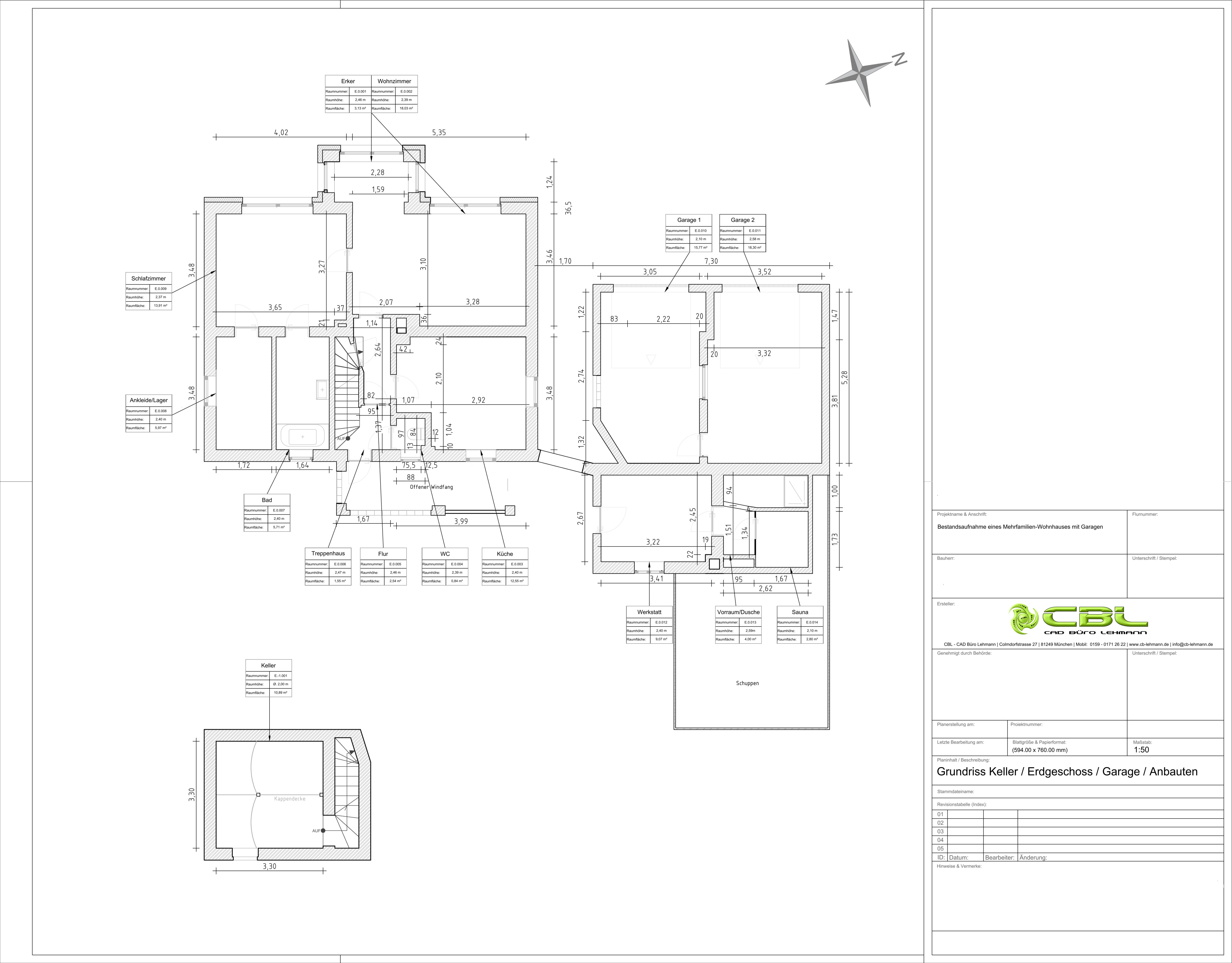 Grundrissdarstellung Erdgeschoss und Keller einer Bestandsaufnahme im CAD