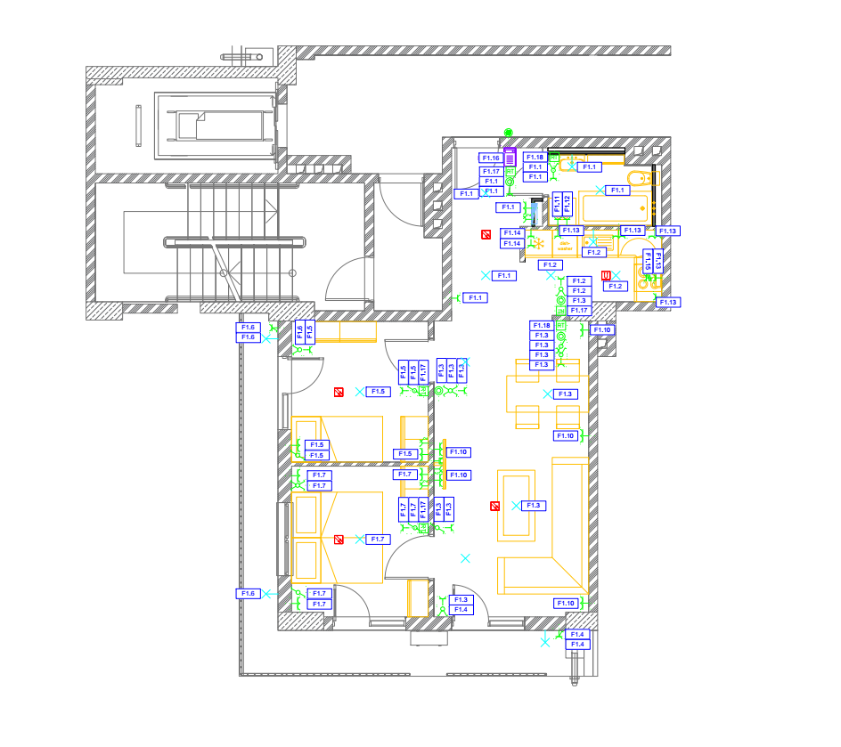 Elektroinstallationsplan mit Stromkreisbeschriftungen im Grundriss